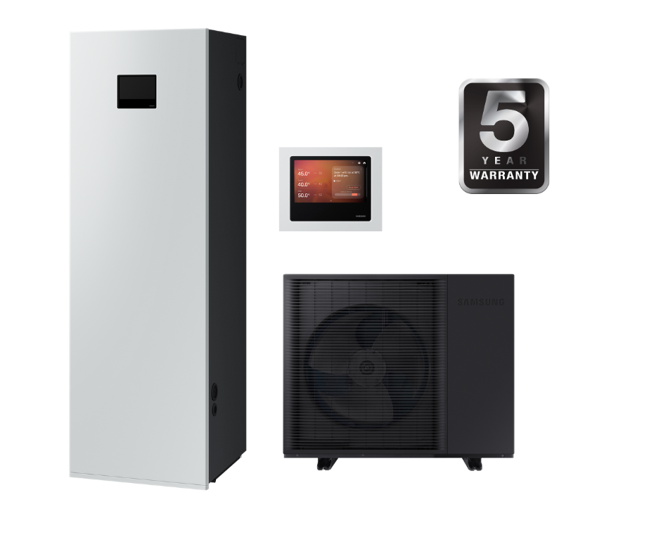 SAMSUNG oras–vanduo 12.5/12.5 kW SPLIT šilumos siurblio KOMPLEKTAS su atnaujinta 200 l talpa, valdymu lietuvių kalba ir integruotu WIFI, trifazis