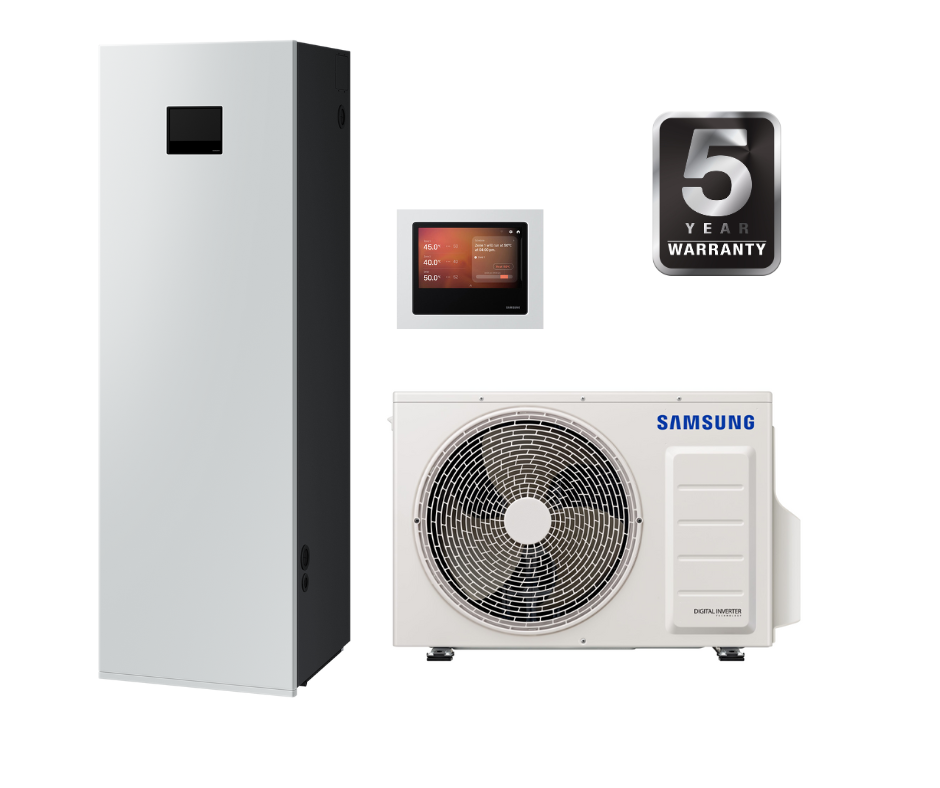 SAMSUNG oras–vanduo 6.0/6.5 kW SPLIT šilumos siurblio KOMPLEKTAS su atnaujinta 200 l talpa, valdymu lietuvių kalba ir integruotu WIFI, NORDIC serija