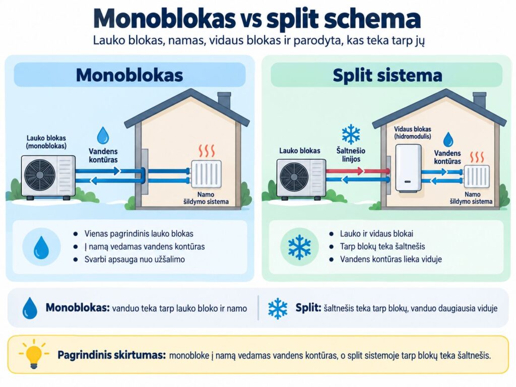 Kokį šilumos siurblį oras-vanduo pasirinkti? Praktinis pasirinkimo gidas Karšti Vėjai Monoblokas vs split schema