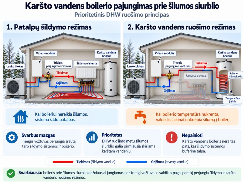 Šilumos siurblio oras-vanduo pajungimo schema Karšti Vėjai Boilerio pajungimas prie šilumos siurblio