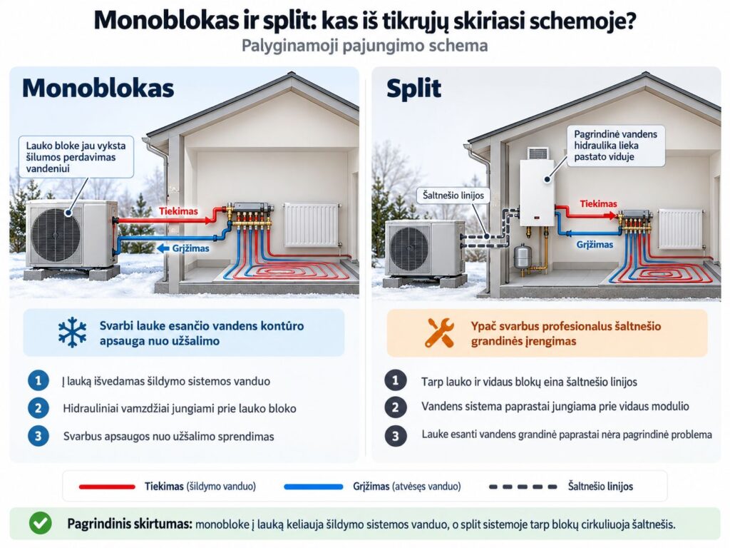 Šilumos siurblio oras-vanduo pajungimo schema Karšti Vėjai Monoblokas ir split_ šilumos schemų palyginimas