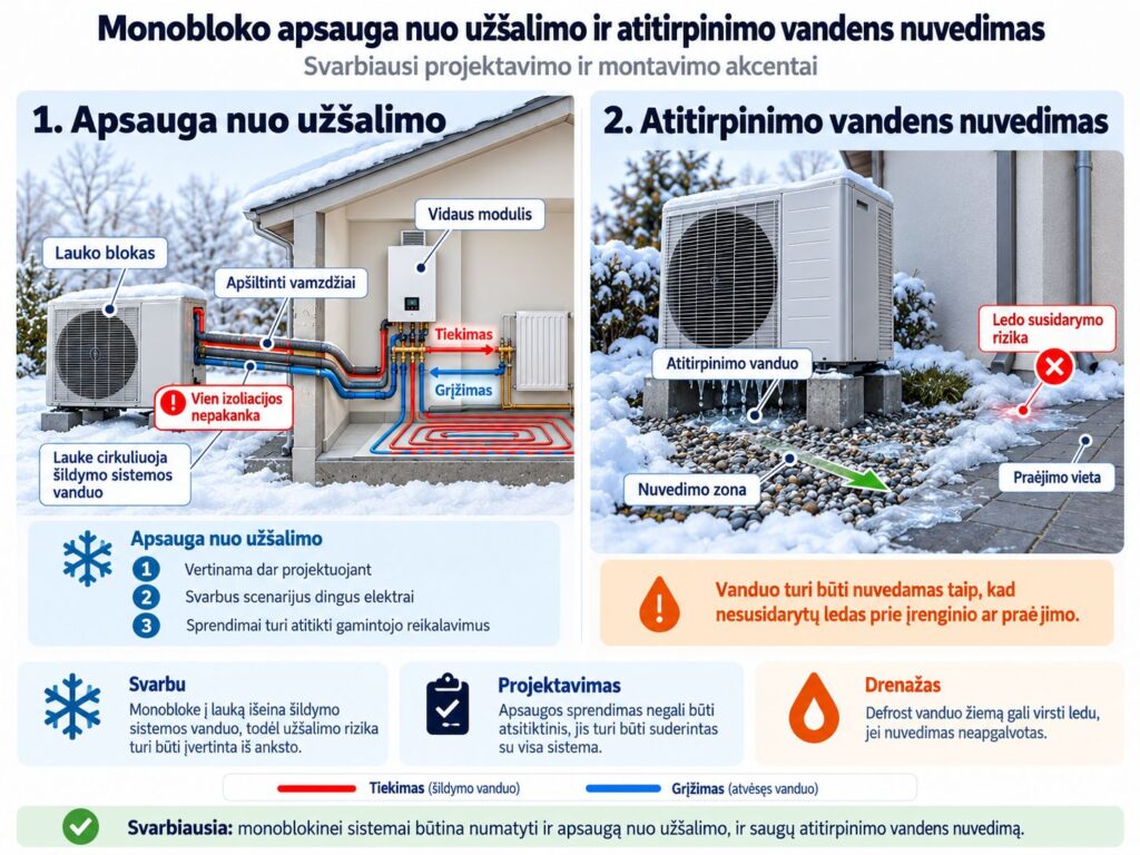 Šilumos siurblio oras-vanduo pajungimo schema Karšti Vėjai Monobloko apsauga nuo užšalimo