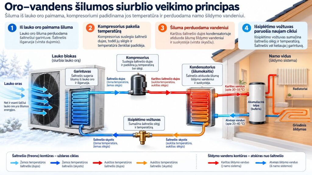 Kaip veikia šilumos siurblys oras-vanduo? Praktinis gidas Karšti Vėjai Oro-vanduo šilumos siurblio veikimo principas