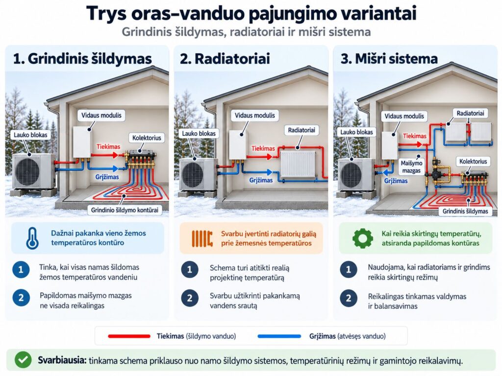 Šilumos siurblio oras-vanduo pajungimo schema Karšti Vėjai Šilumos siurblio pajungimo variantai